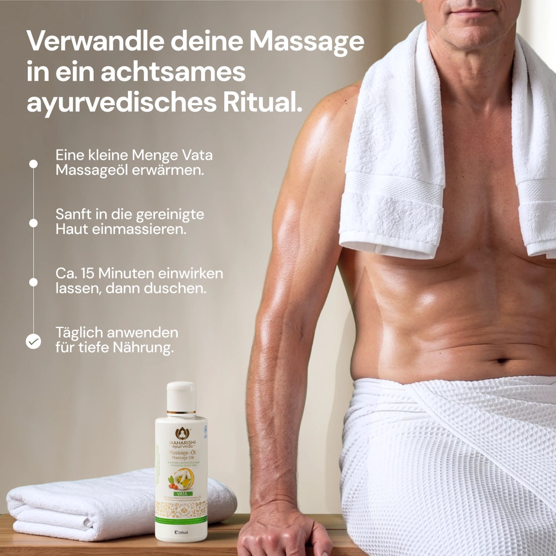 Anwendung von Vata Massageöl als ayurvedisches Körperritual