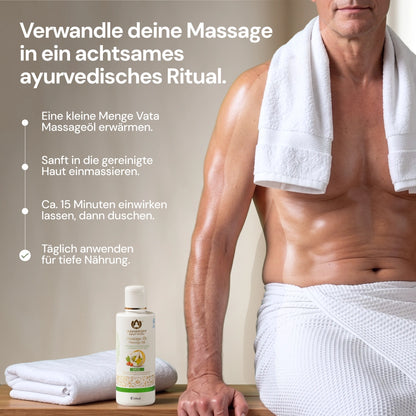 Anwendung von Vata Massageöl als ayurvedisches Körperritual