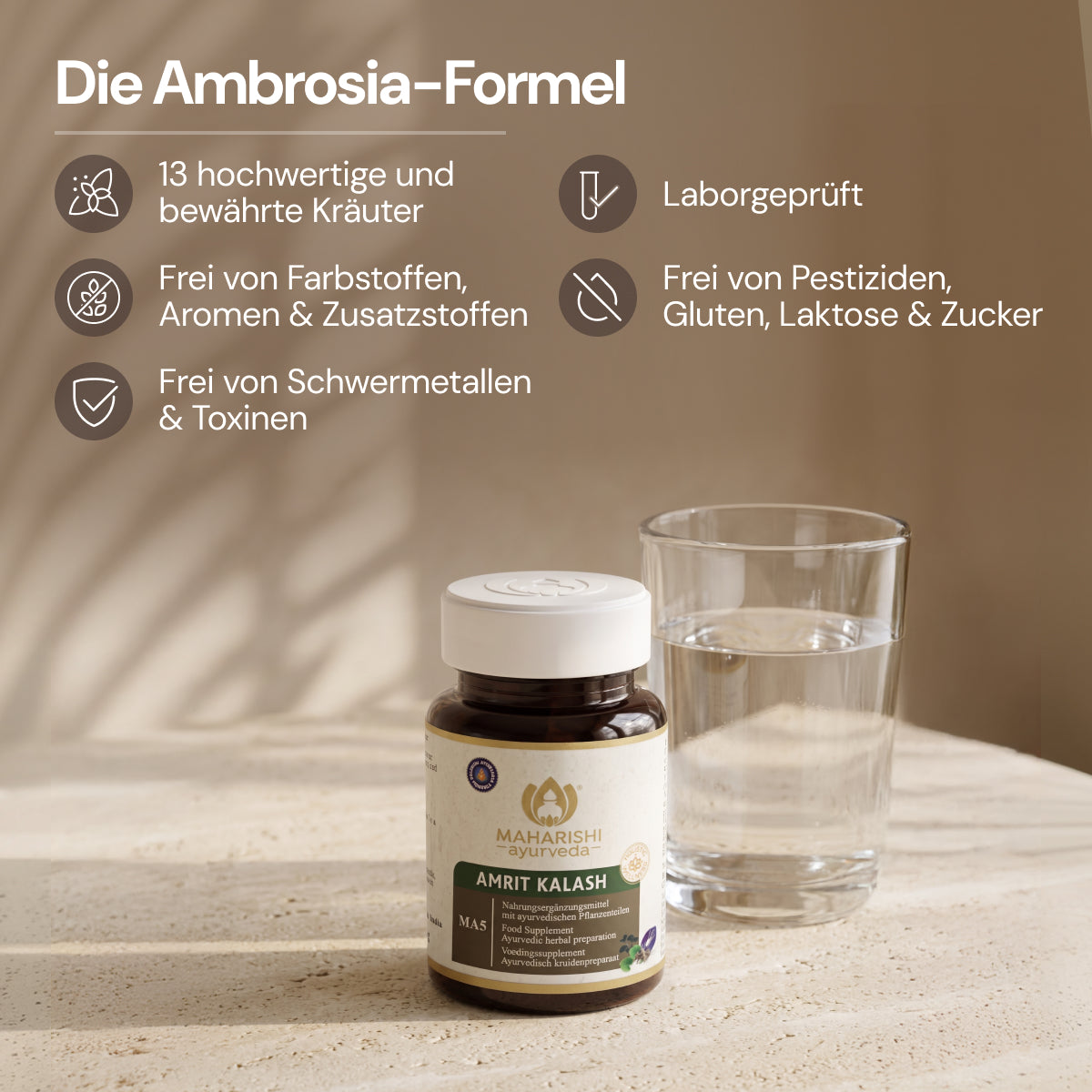 Amrit Kalash ayurvedisches Nahrungsergänzungsmittel mit Wasser