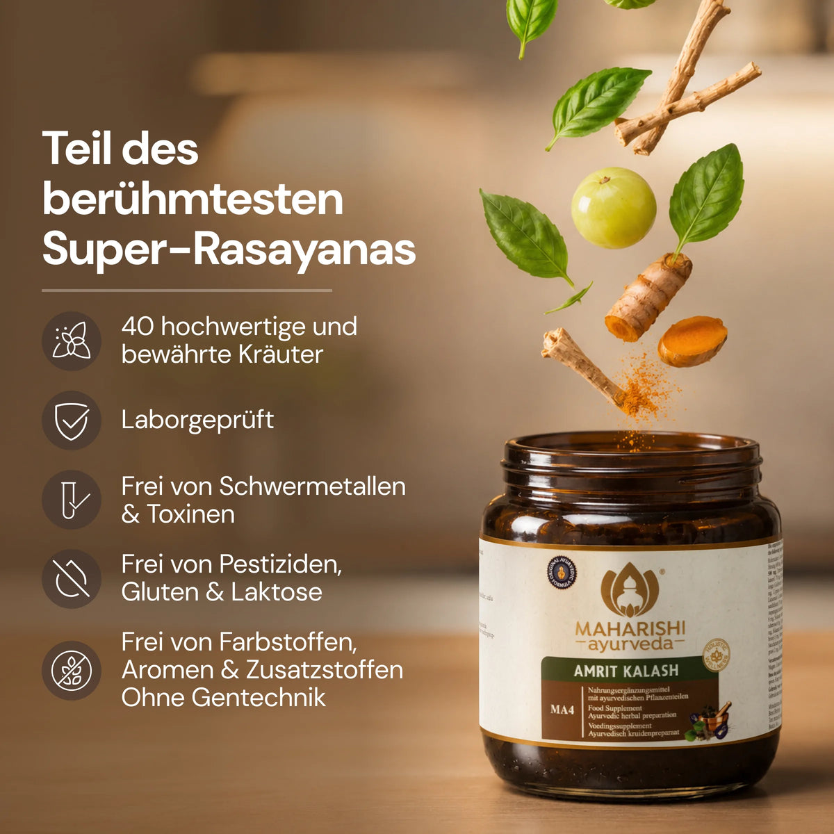 Amrit Kalash MA 4 mit Kräutern und Zutaten der ayurvedischen Rasayana-Rezeptur