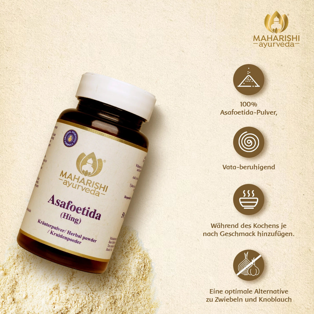 Asafoetida Pulver mit Vata-beruhigenden Eigenschaften und Anwendungshinweisen