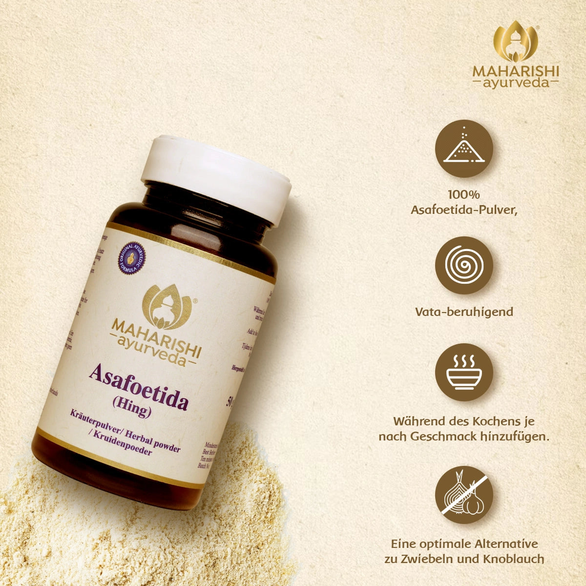 Asafoetida Pulver mit Vata-beruhigenden Eigenschaften und Anwendungshinweisen