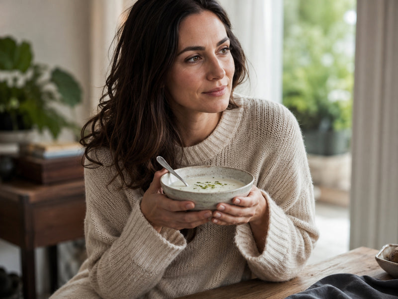 Frau genießt eine warme Kokosnuss-Gemüsesuppe