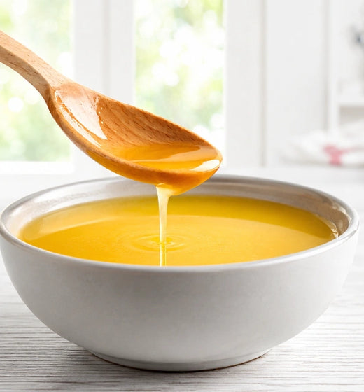 Flüssiges Ghee in einer Schale mit Holzlöffel