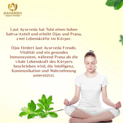 Frau in Meditation mit Tulsi-Pflanze